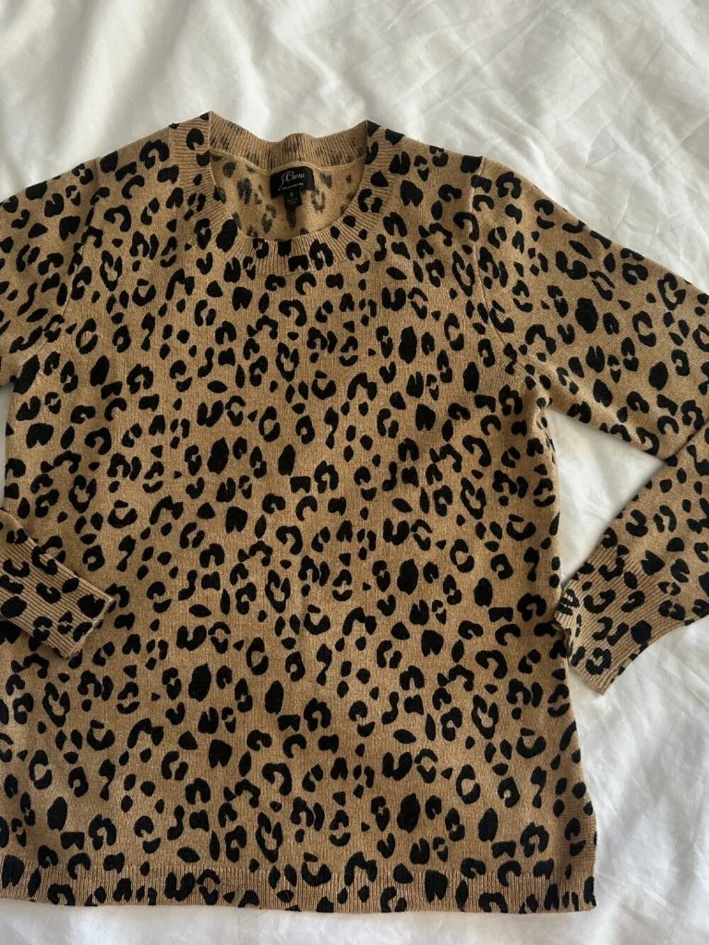 J.Crew 100% Cashmere Leopard Print Sweater Women's S Tan Black Crew Neck Luxury